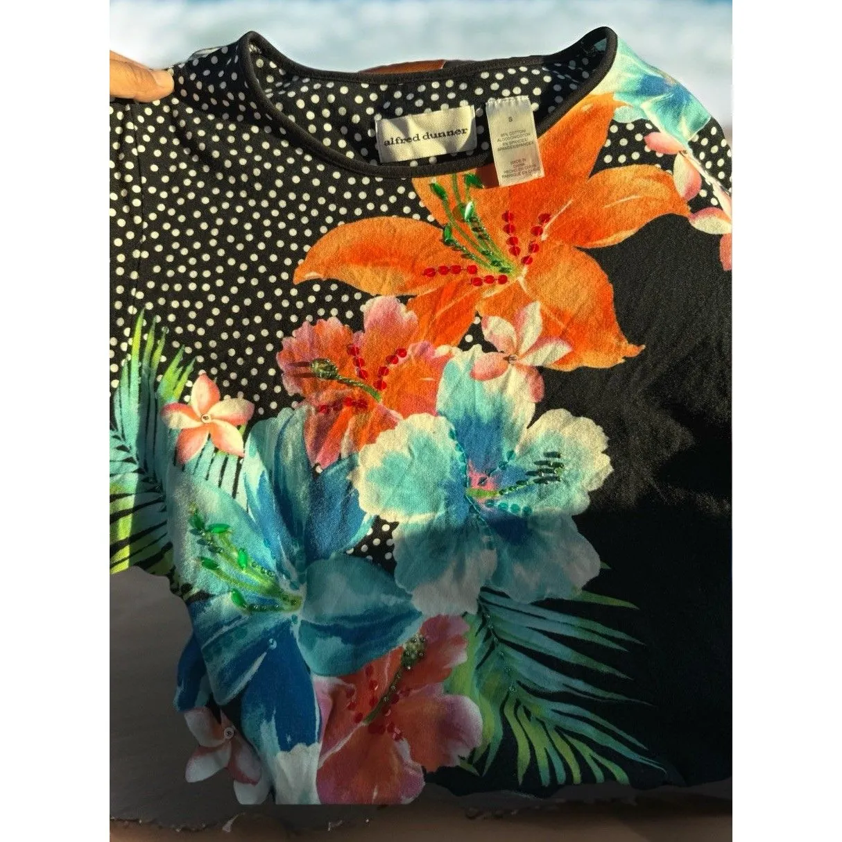 Y2K Shabby Chic Embellished Alfred Dunner Sz S Floral Tee Shirt Top Cotton Blend - Image 2