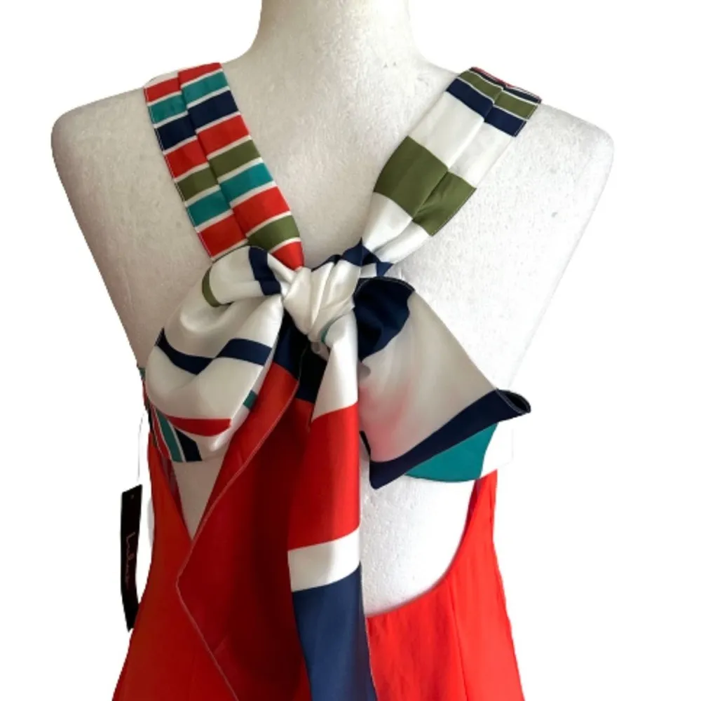 Lulus Dress Joyful Red Orange Blue White Stripe Tie Back Mini Dress Small NEW - Image 7