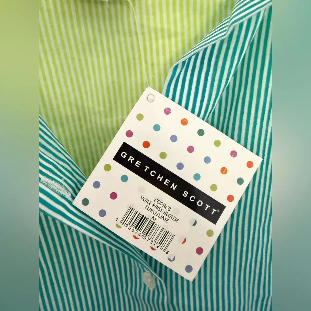 NWT Gretchen Scott Designs Cotton Priss Blouse Stripe Lime Turquoise Striped M Blue Size M - Image 7