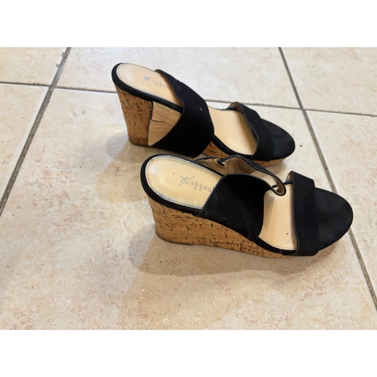 X Appeal Black Suede Cork Wedge Heel Slide Sandals Size 9‎ - Image 4