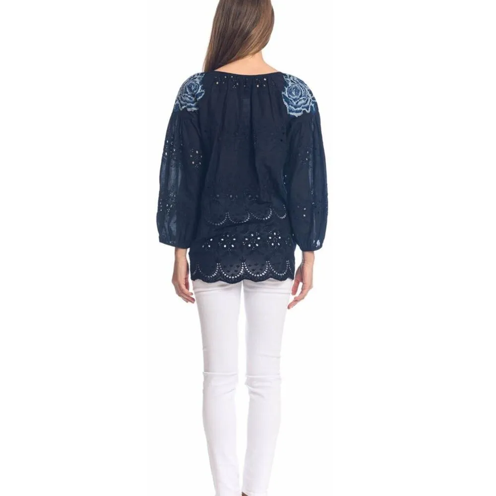 NWT Anthropologie Tolani Brenna Navy Embroidered Eyelet Blouse XS Cotton Boho - Image 12