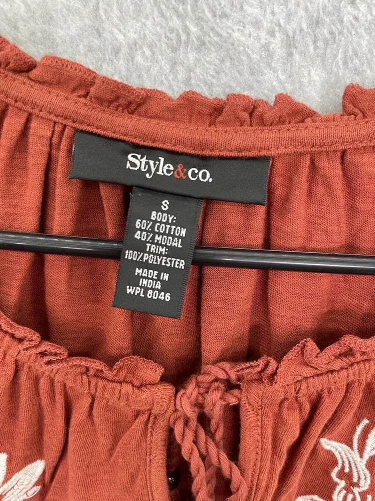 Style & Co boho blouse Tassle Front Long Sleeve Peasant Top Floral Embroidered - Image 3