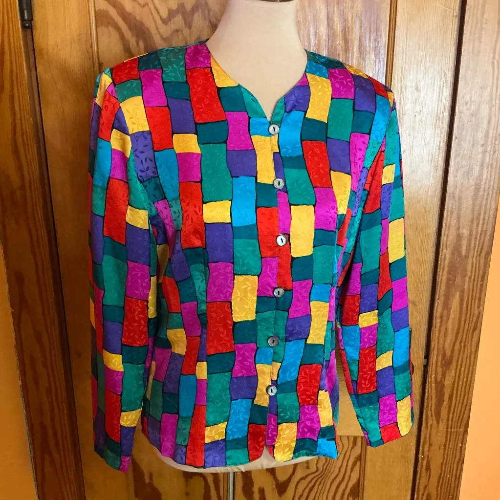 Vtg 90s colorful patchwork print silk blouse - Image 9