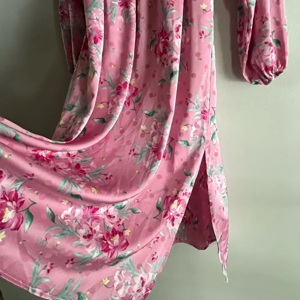 WAYF Smocked Pink Floral Polka Dot Babydoll Dress - Cottagecore Puff Sleeve Midi - Image 7