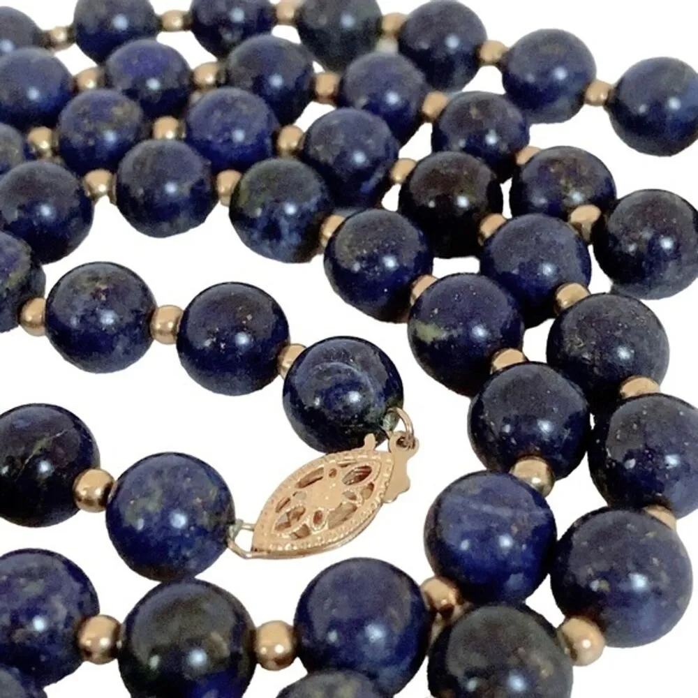 14k Clasp Round Blue Lapis Lazuli Necklace 25” Statement Piece - Image 4