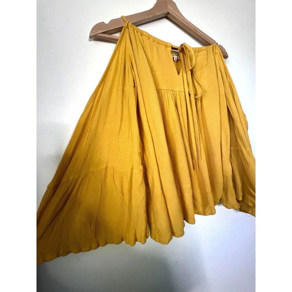 Women's blouse top off shoulder long tie sleeves chic yellow fresh casual size M - Image 8