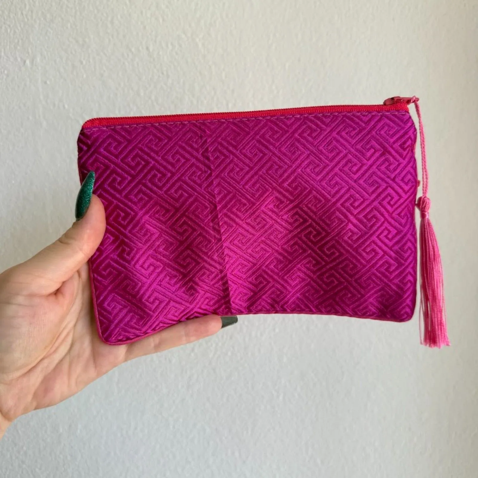 vintage silk brocade zipper pouch with tassel in magenta fuchsia pink & red - Image 5
