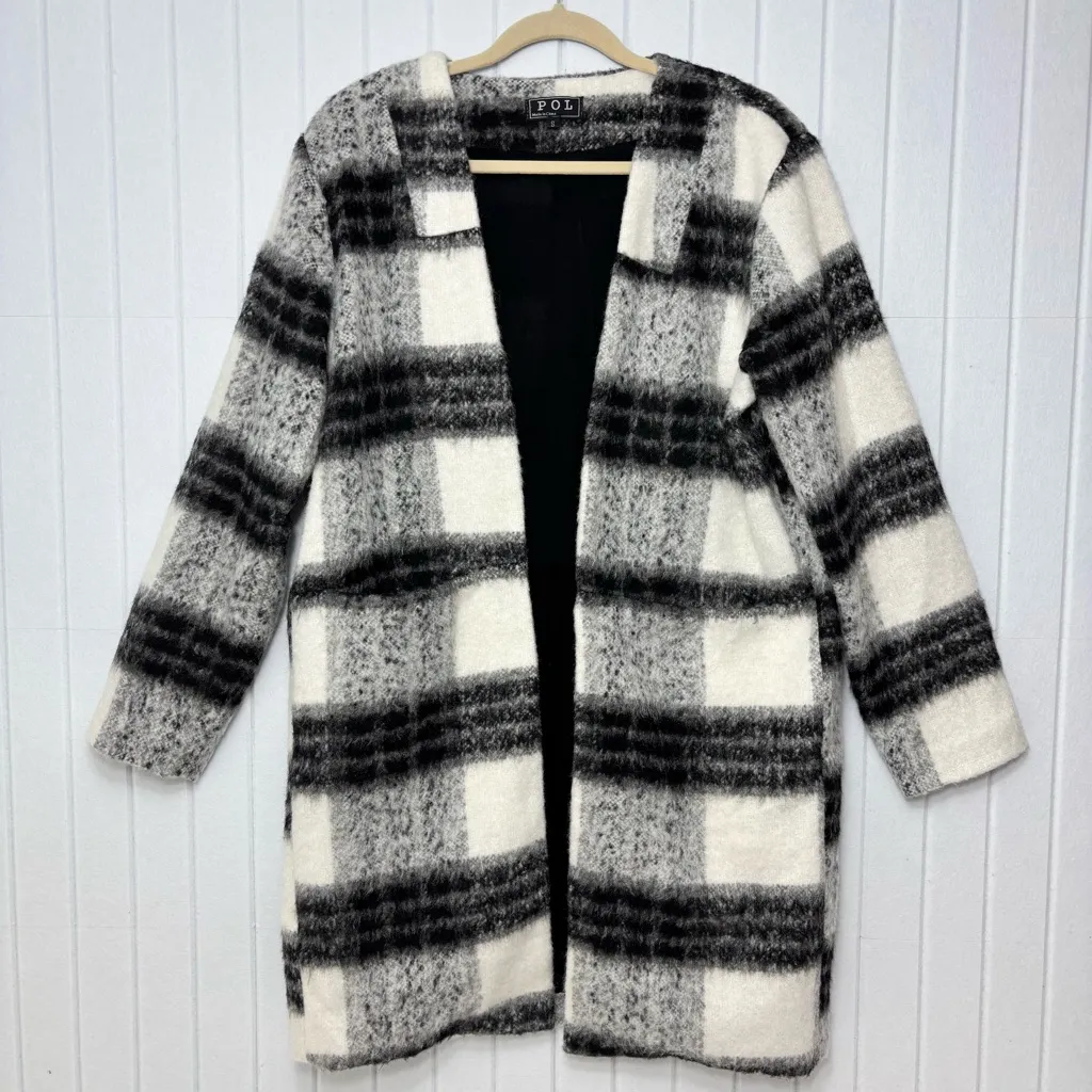 POL Black White Plaid Open Front Cardigan Coat Size Small - Image 2