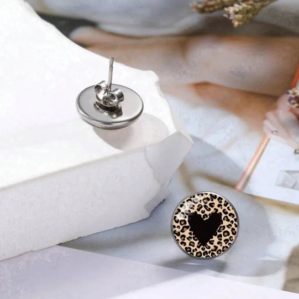 Leopard Print Heart Stud Earrings Brown - Image 3