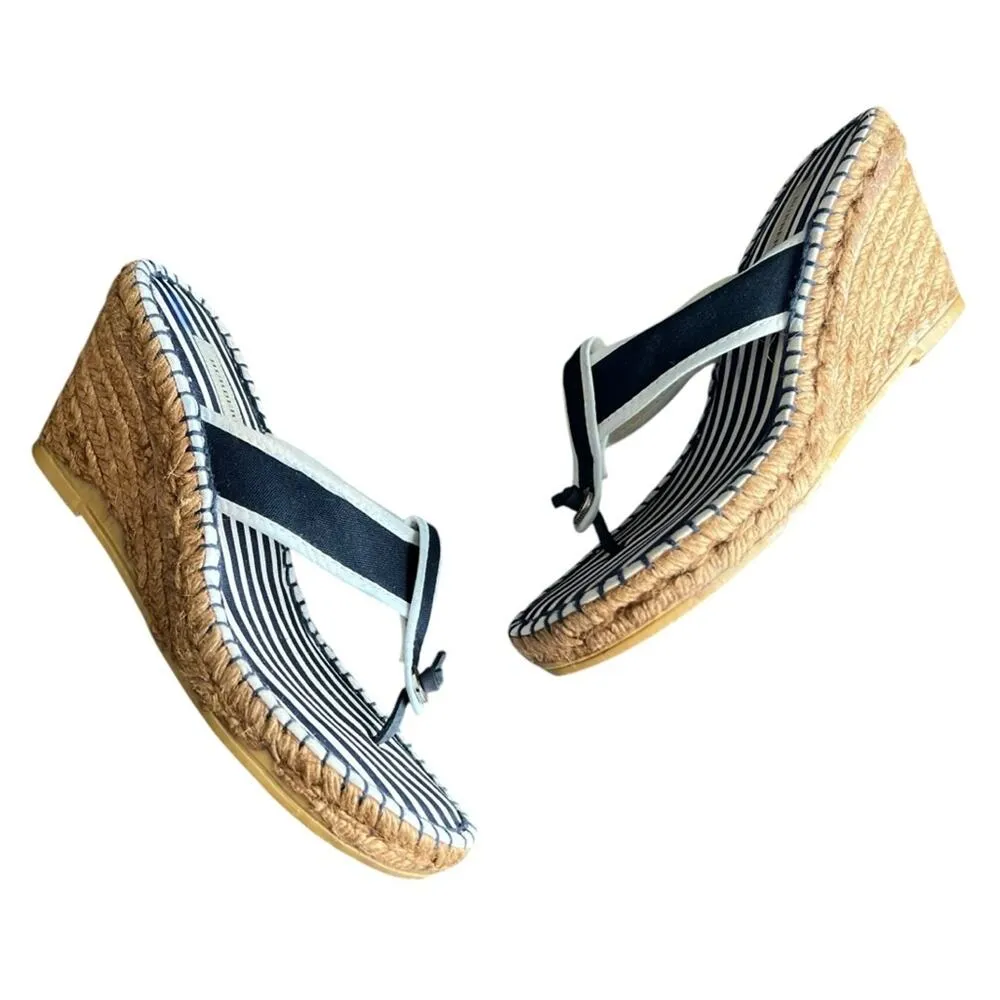 Burberry Women’s Vintage Navy Blue White Nautical Stripe Rattan Wedge Heels 37 - Image 6