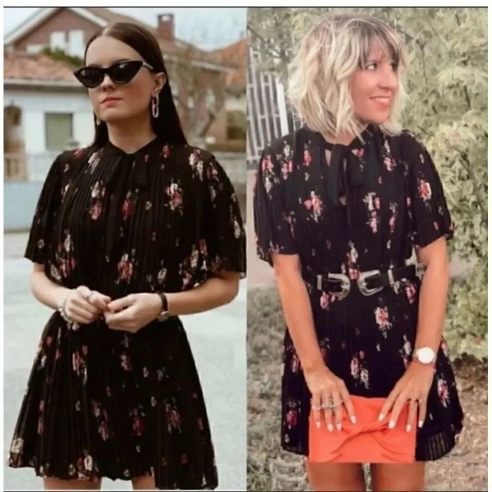 ZARA Black Floral Pleated Romper Playsuit Mini Dress Bohemian SZ S - Image 2