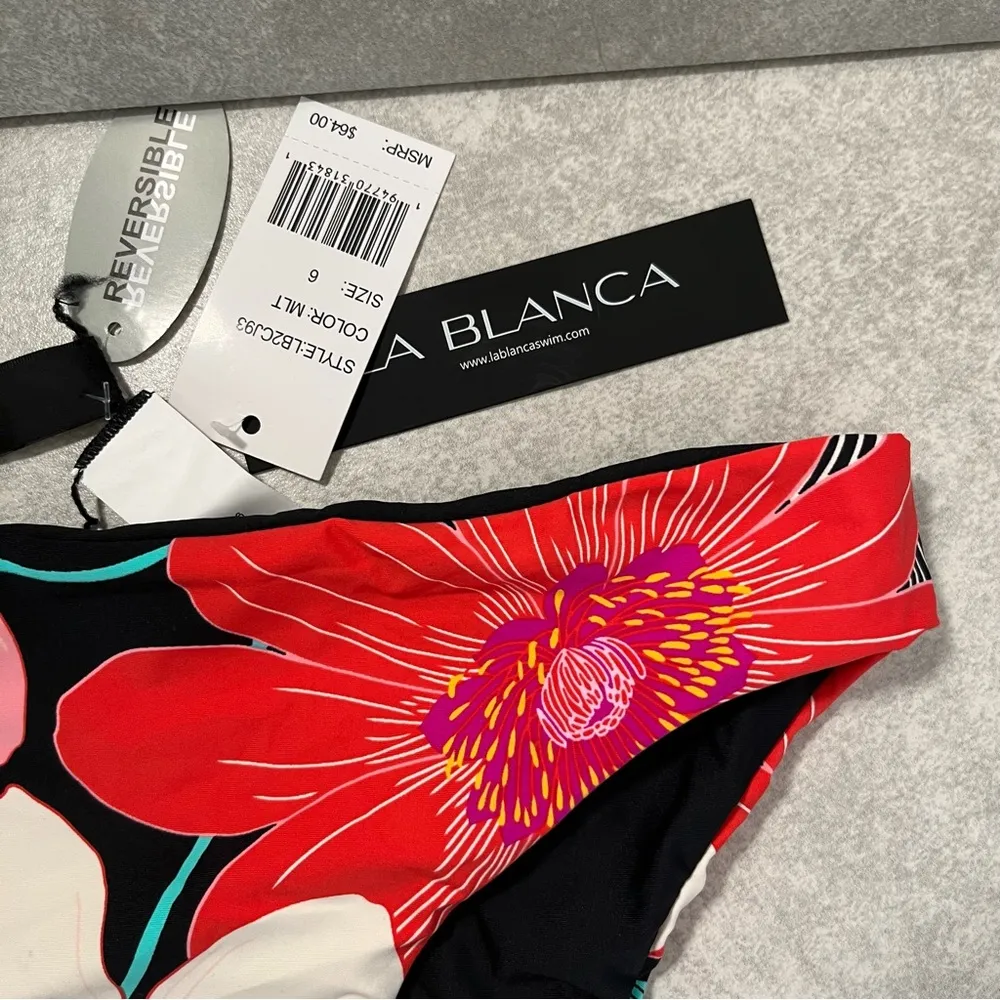 La Blanca Bikini Bottom Black / Floral In Full Bloom Reversible Hipster Sz 6 NWT - Image 7