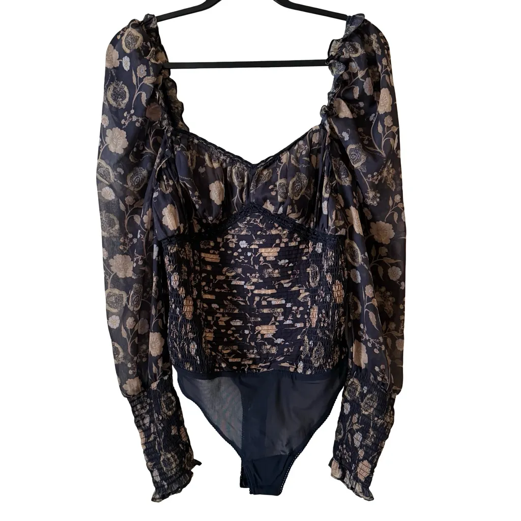 Free People Intinately Brunch Date Floral Long Sleeve Bodysuit Black Combo SZ M - Image 4