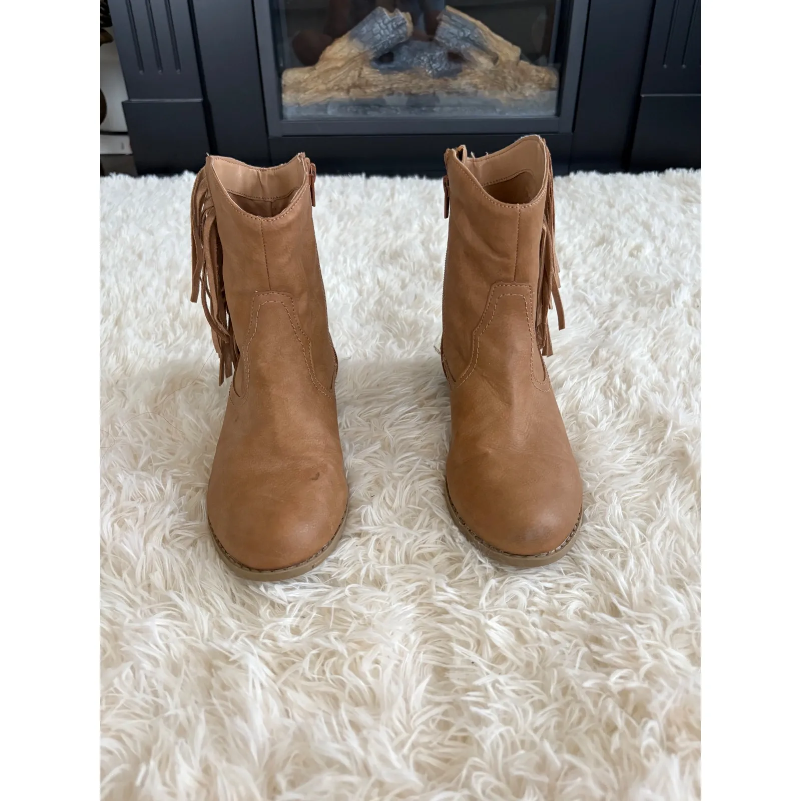 Levvy Tan Faux Suede Fringe Ankle Western‎ Cowgirl Boots - Image 2