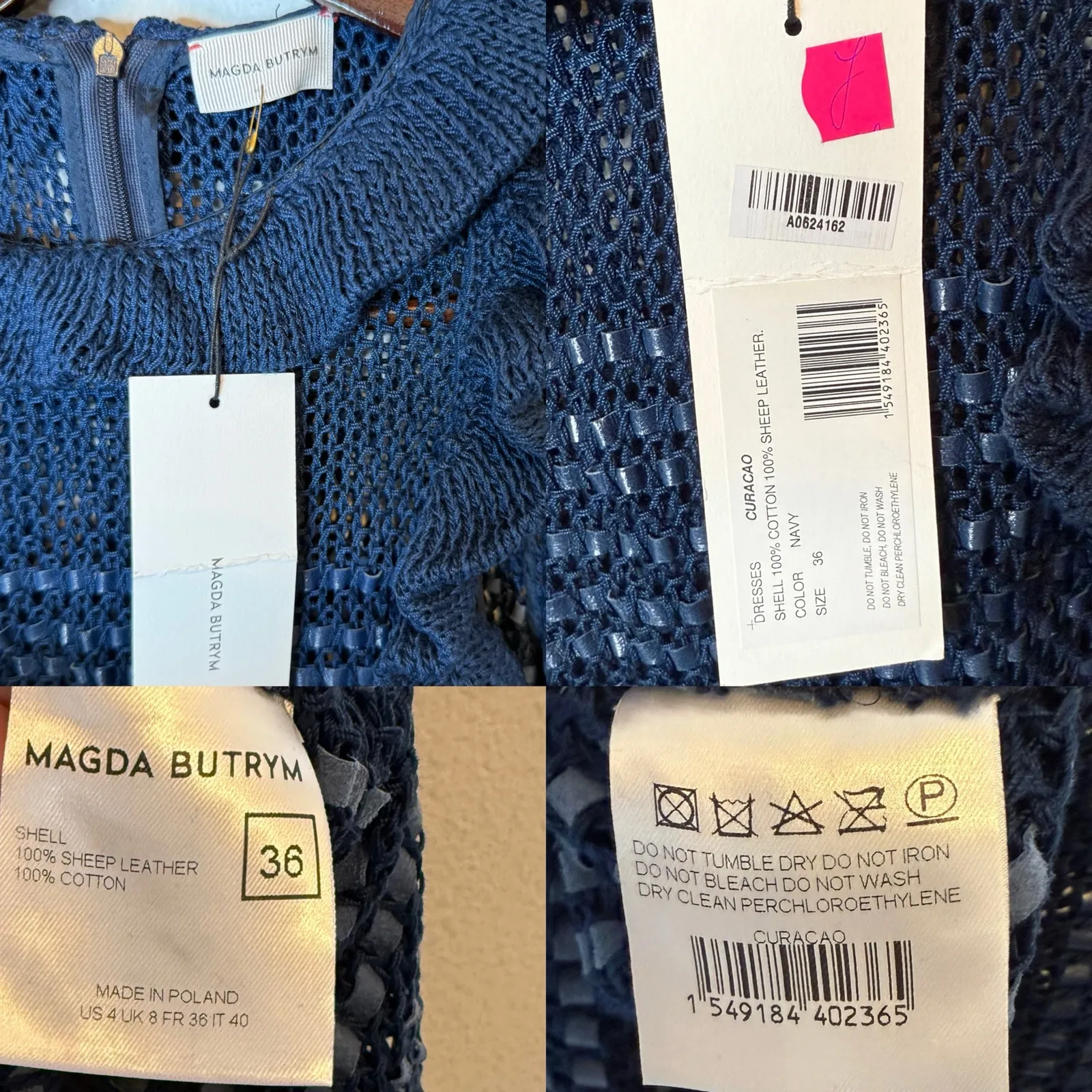 Magda Butrym Crochet Cotton Leather One Sleeve Mini Dress Navy size 36 / US 4 Blue - Image 5