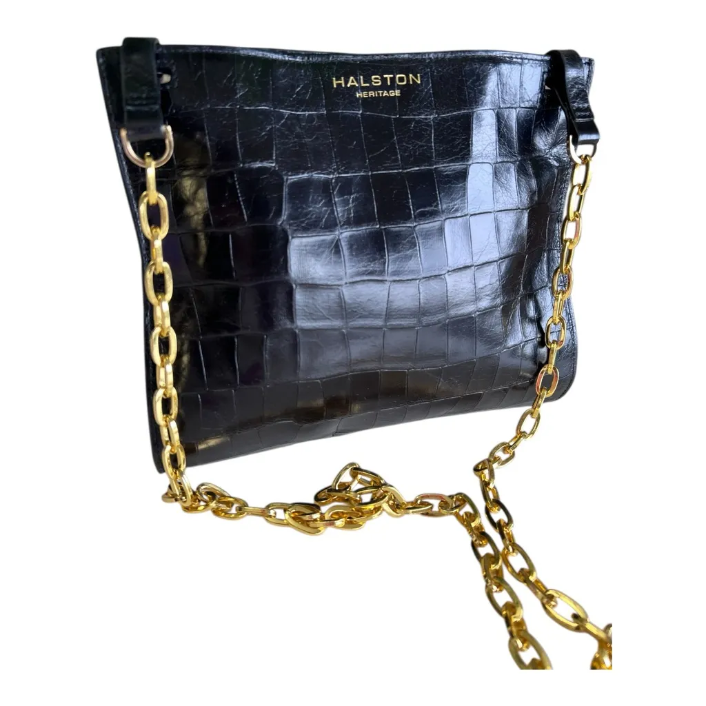 Halston Heritage Black Croc Embossed Leather Shoulder Bag with Gold Chain - Image 4