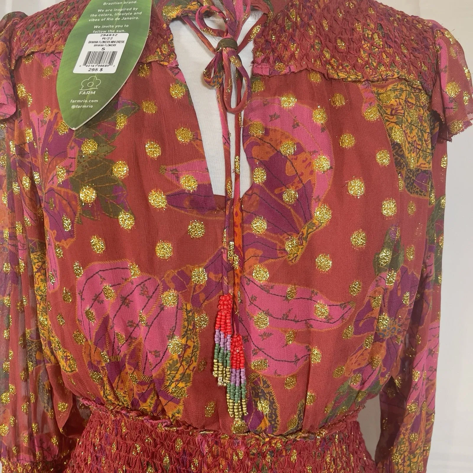 Farm Rio Banana Flower Polka Dot Red Mini Dress Small Maroon Gold Flirty NWT - Image 5