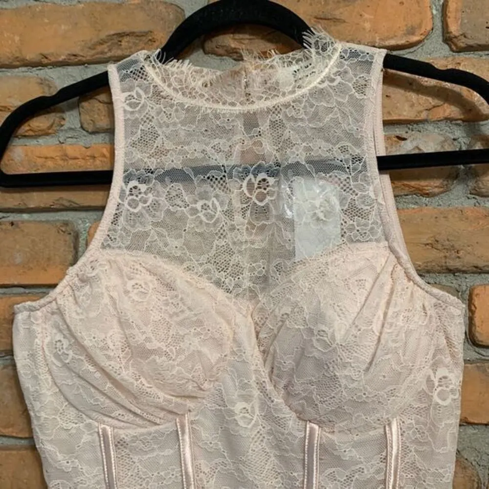 Privy Bodysuit Womens Medium Pink Lace High Neck Corset Bodysuit Bustier Top NWT - Image 3