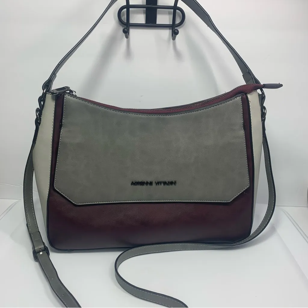 Adrienne Vittadini Burgundy and light gray combo satchel / cross bag - Image 3