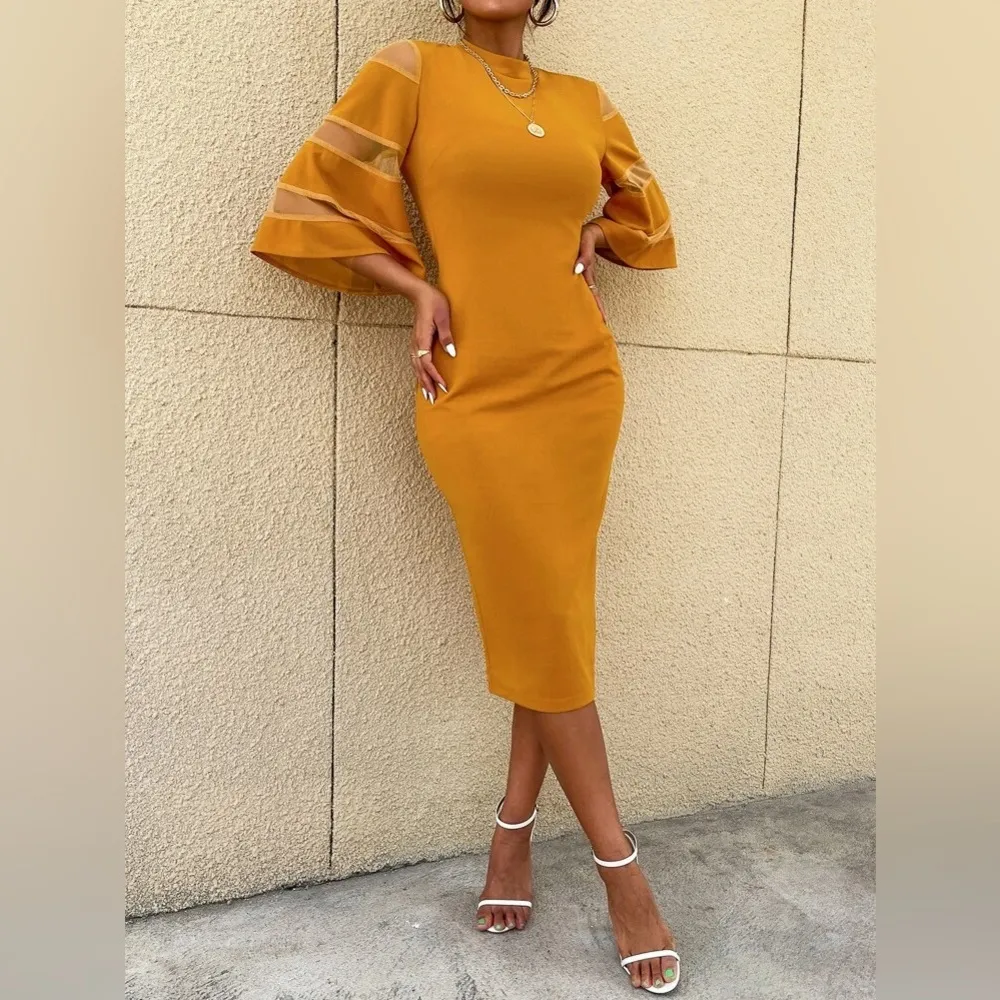 Solid Contrast Mesh Sleeve Split Hem Fitted Dress - Image 5