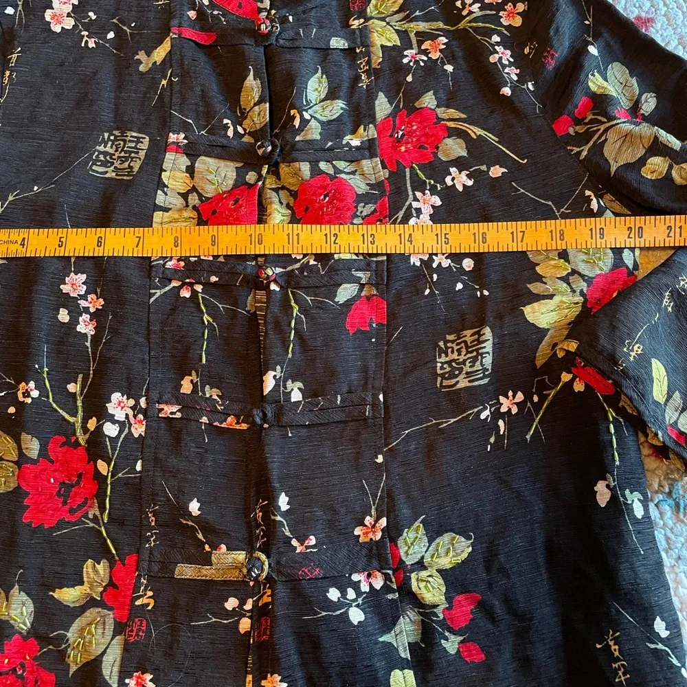 Silkland Women's Shirt Long Sleeve Kimono Top Black Red Beaded Flowers Silk Sz M Size M - Image 13