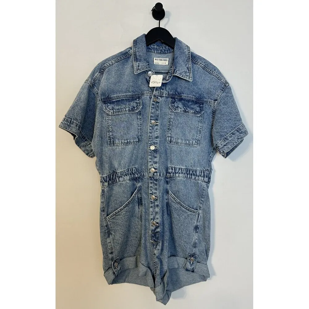 FREE PEOPLE x We The Free Marci Cuffed Shortall in Wash Marrakesh Size Large NWT - Image 4