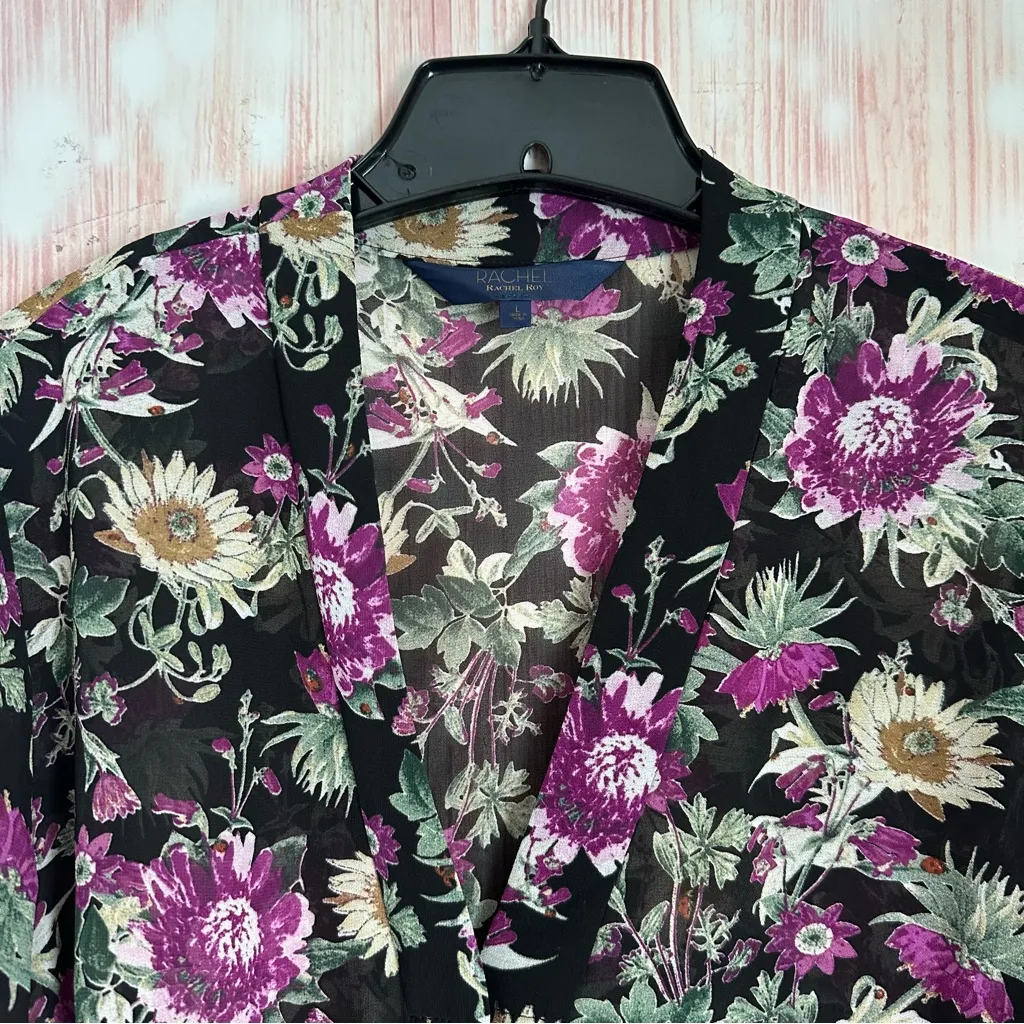 RACHEL Rachel Roy Black Button Front Purple Floral Print Sheer Blouse Size L - Image 5