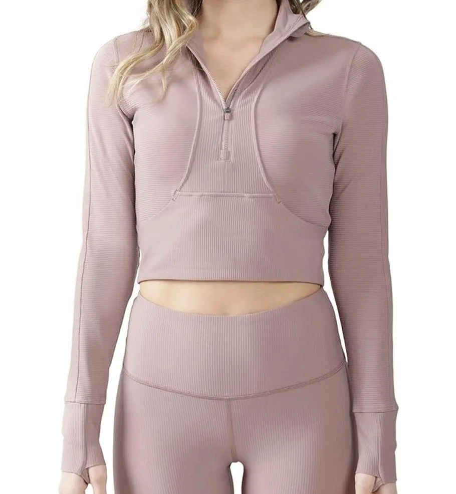 90 Degree Ribbed Half Zip Long Sleeve Crop Top Jacket Size XS - Image 2