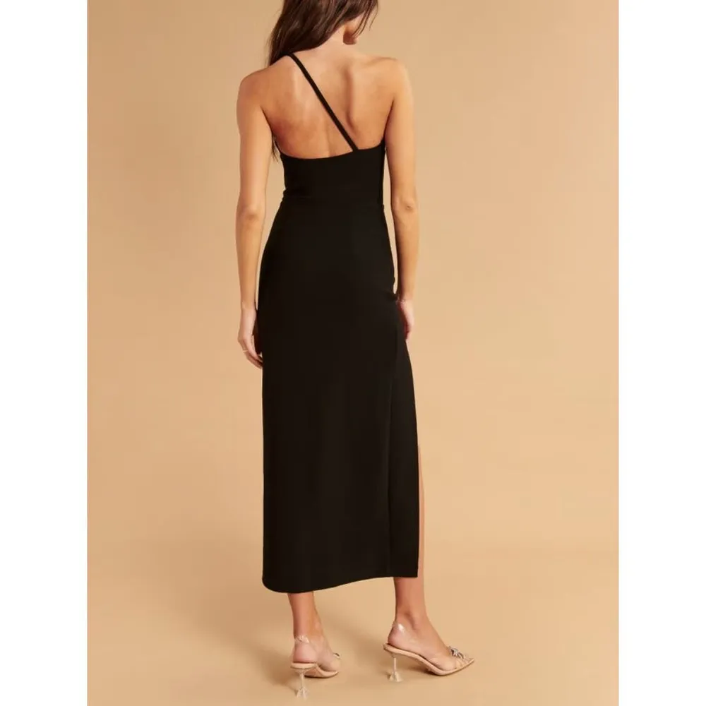 Abercrombie and Fitch Asymmetrical One Shoulder Maxi Dress with Slit in Black - Image 4