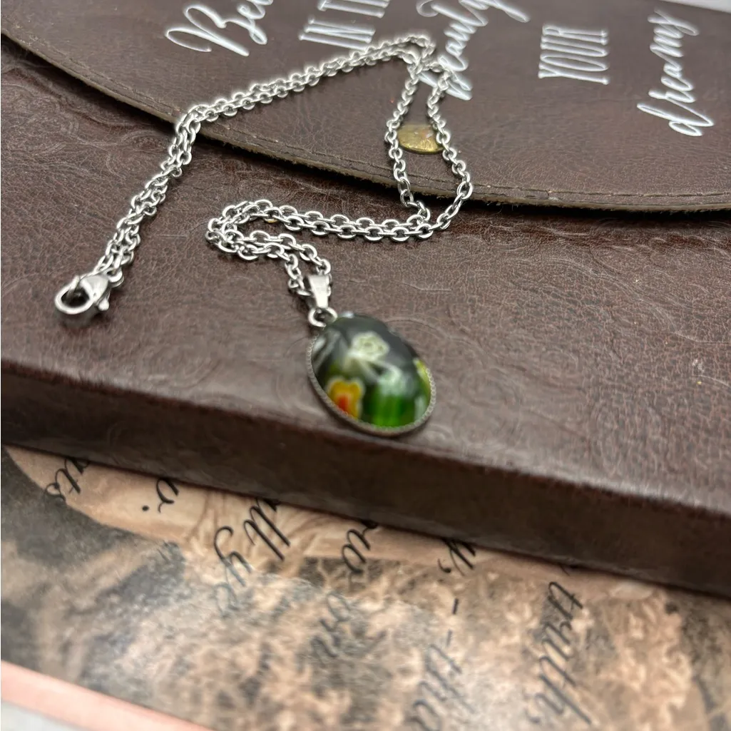 Vintage 1970s Glass Cabochon Pendant Necklace on Stainless Steel Chain 18” Silver - Image 3