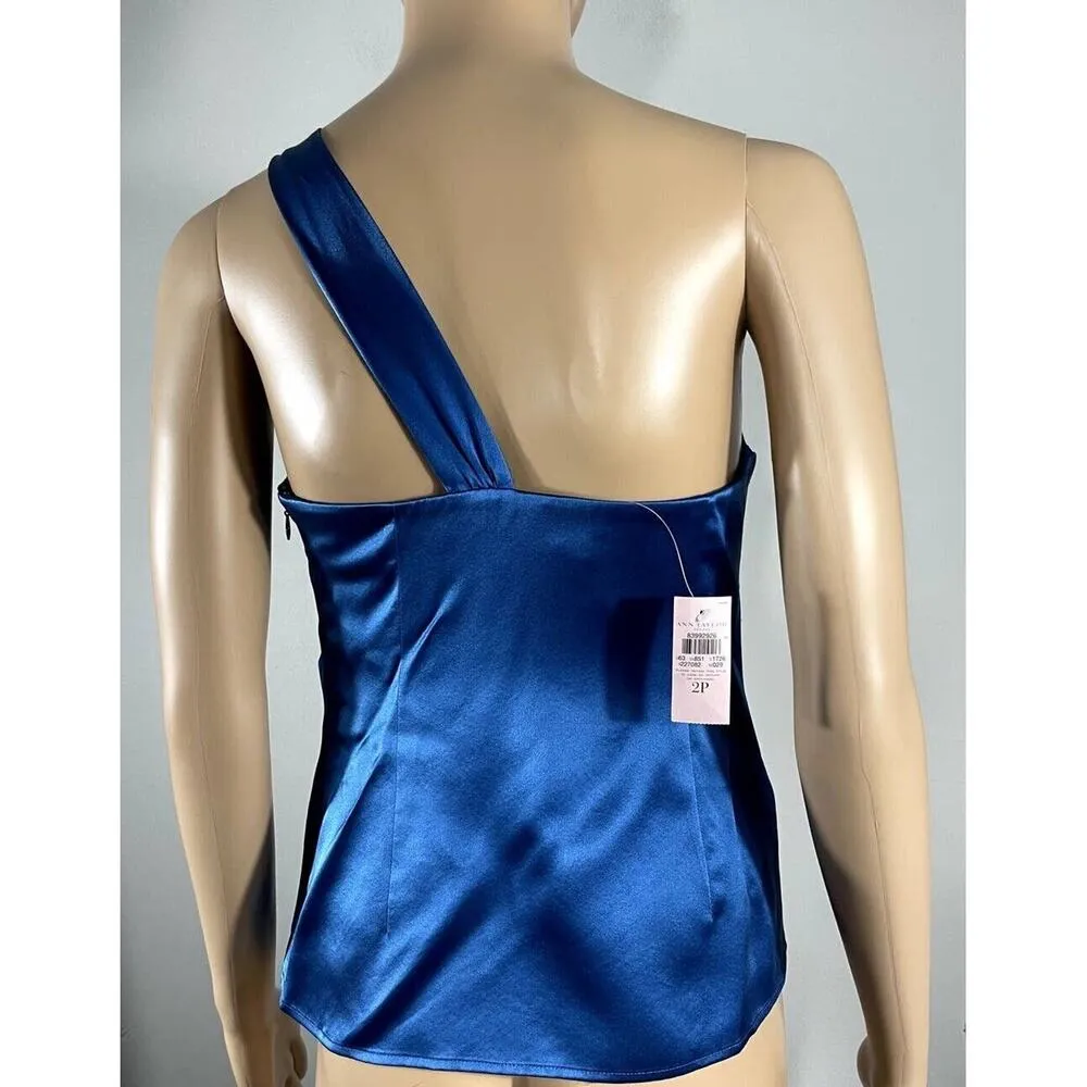 Ann Taylor Silk Tie One Shoulder Shelf Bra Top Blouse Camisole Women 2P Blue - Image 3