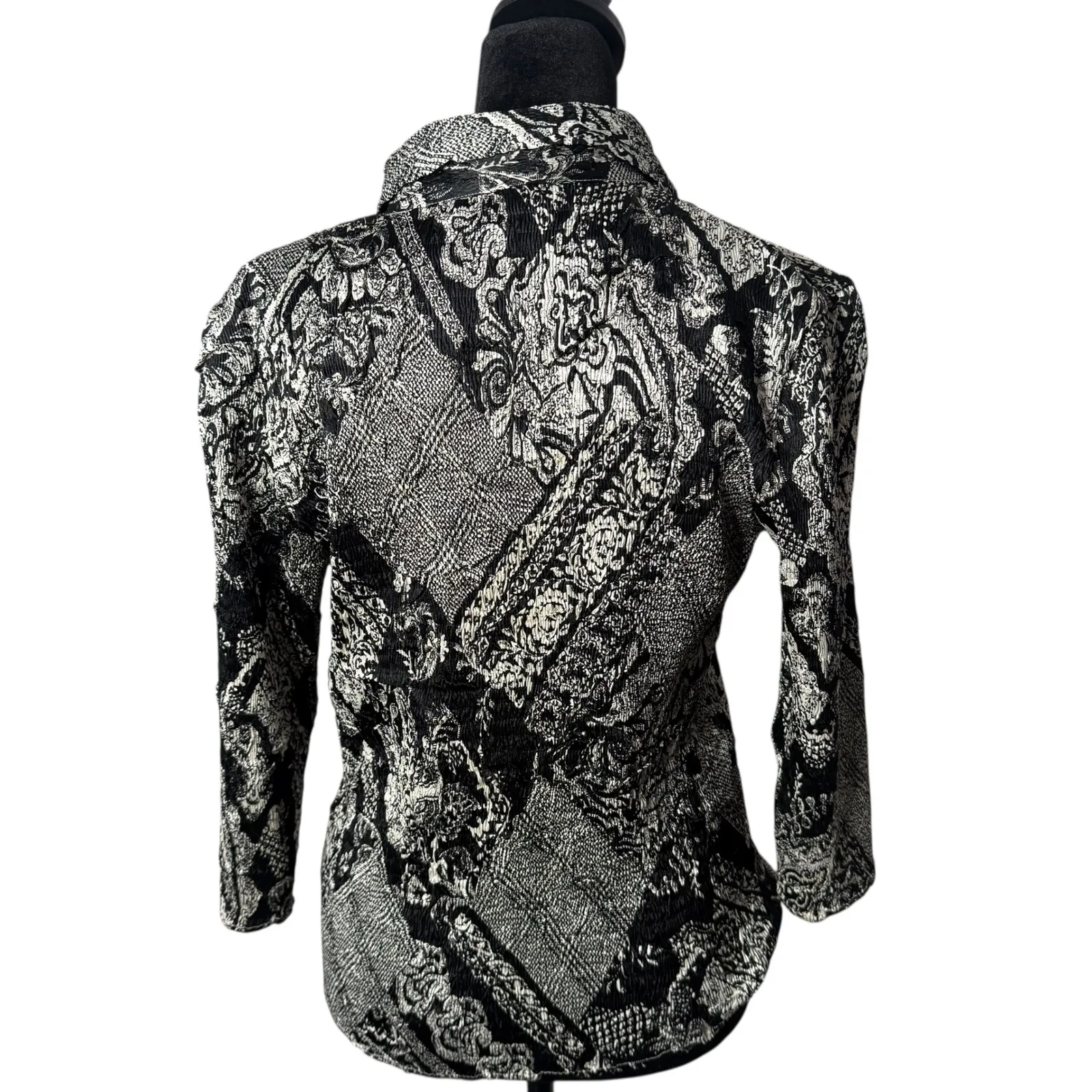 Alberto Makali Crinkle Sequin Top Black‎ White Women Size S Button Up Artsy - Image 2