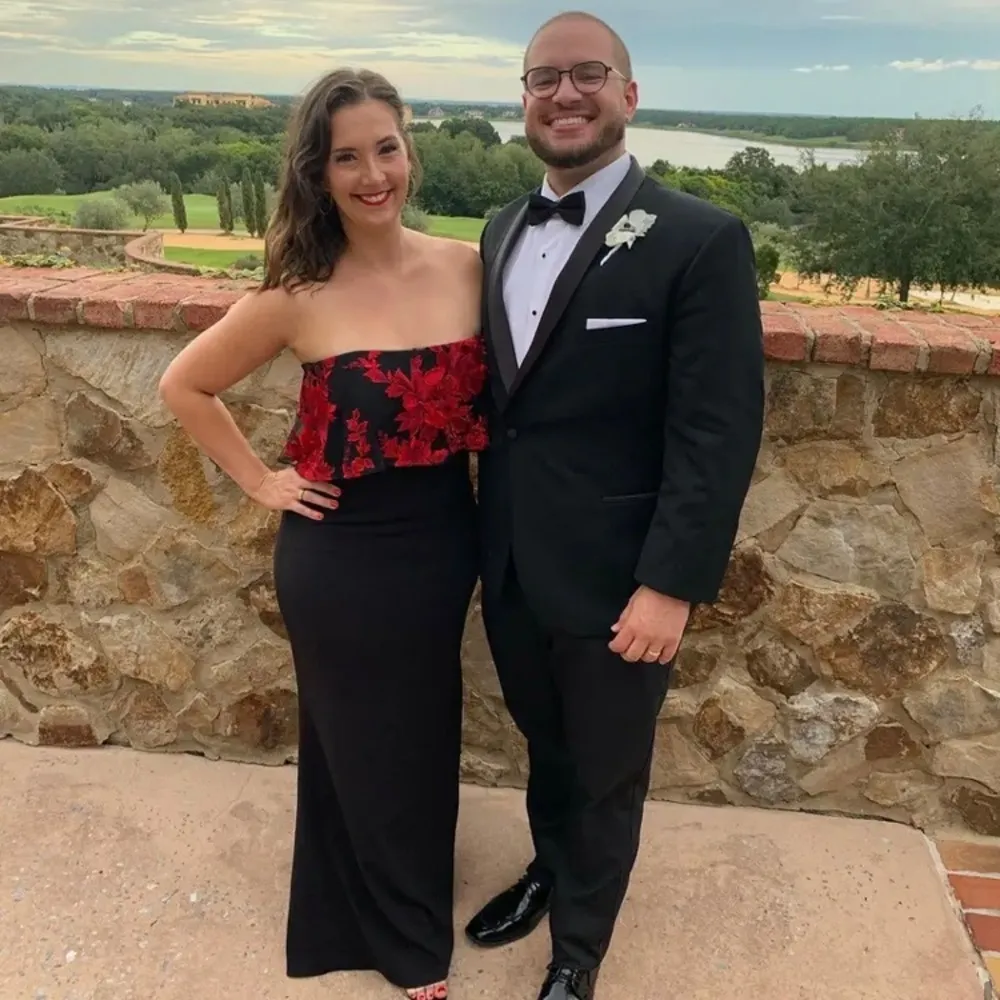 BADGLEY MISCHKA Floral Dress black red 6 Lace Formal Popover Gown strapless maxi - Image 5