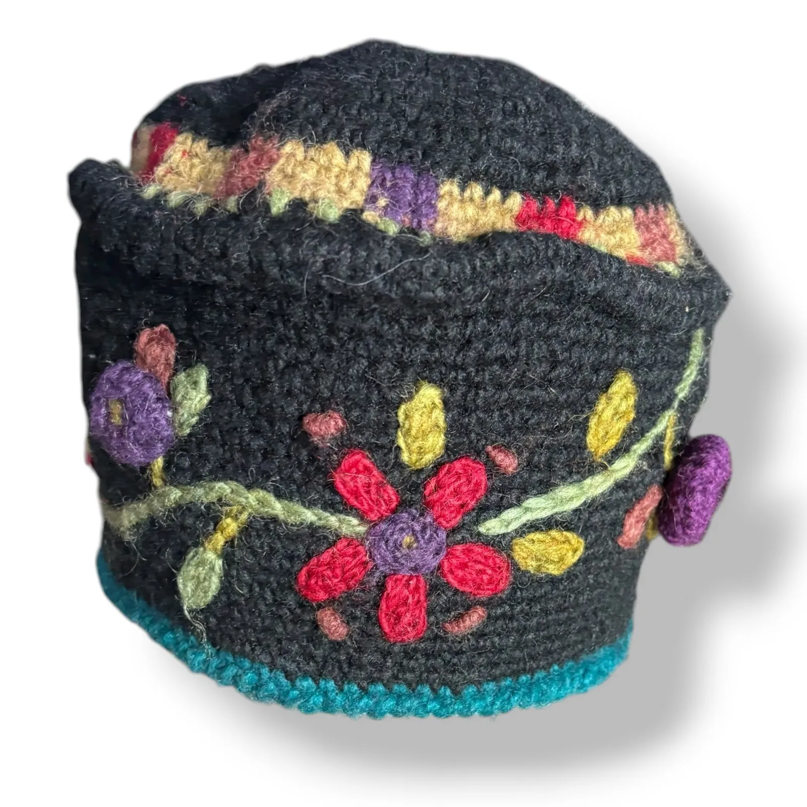 Icelandic Design Newari Handcrafted Wool Floral Hat Boho Folk Art Winter Beanie Black - Image 7