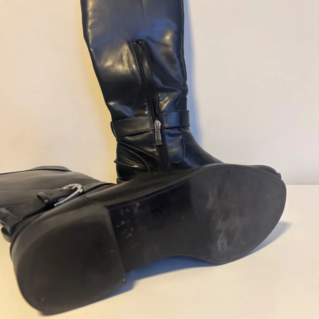 Zara Trafaluc Vegan Faux Leather Knee High Zip Up Buckle Riding Boots Black 5.5 - Image 3