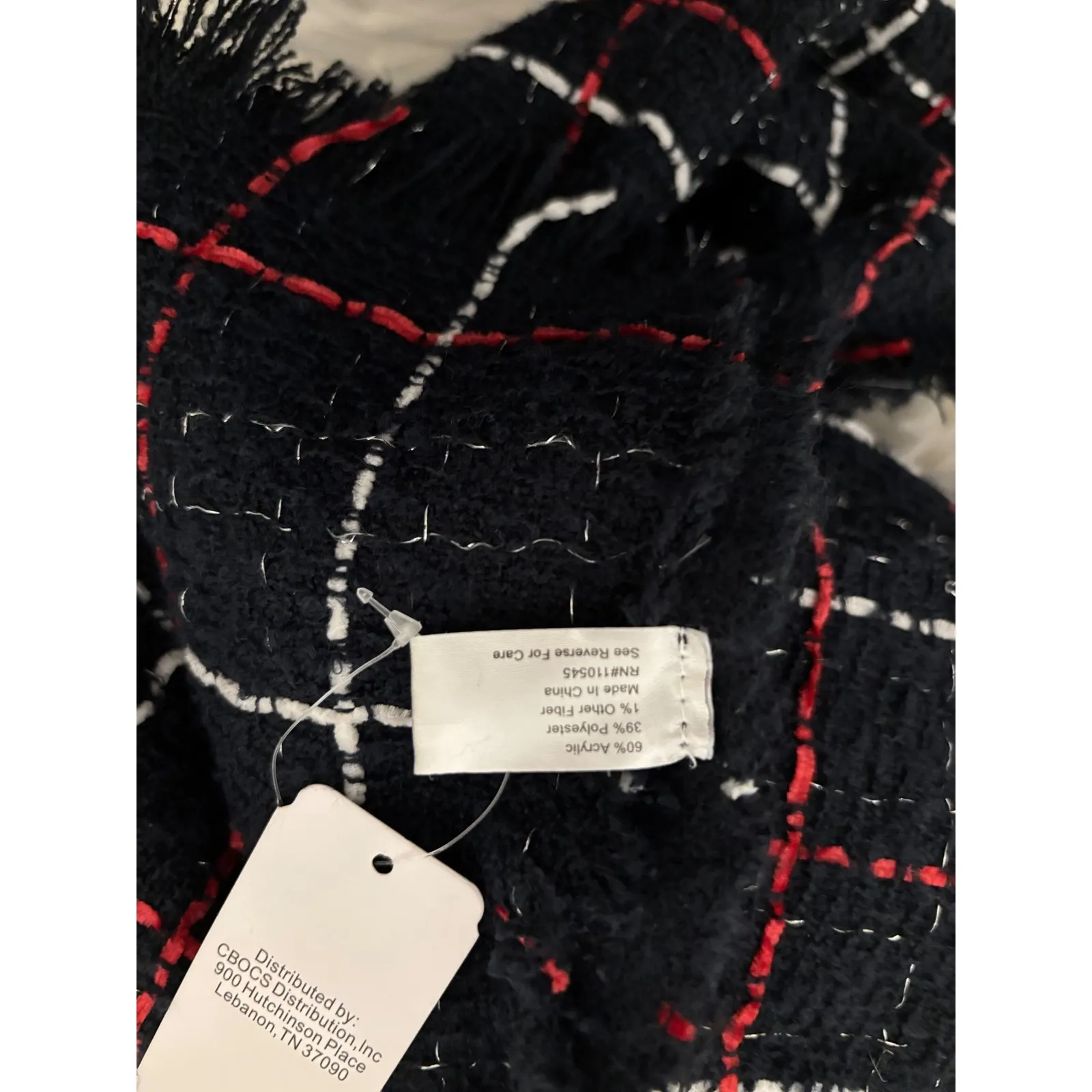 NWT Navy & Red Plaid Blanket Scarf Silver Thread 29x72 MSRP $20 Blue - Image 3