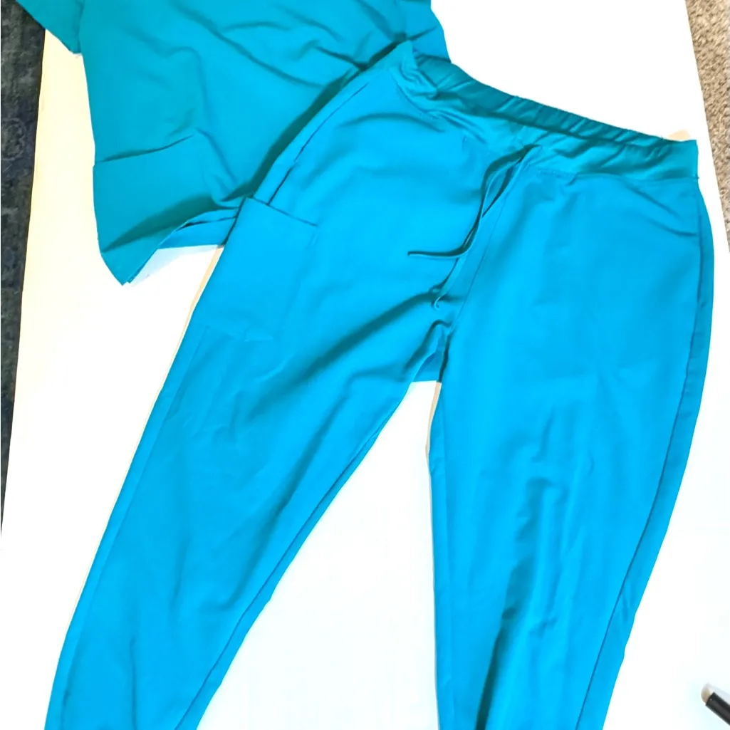 Mandala Teal Scrub Set XL Top & Pants Stretch Athleisure Workwear Blue - Image 1