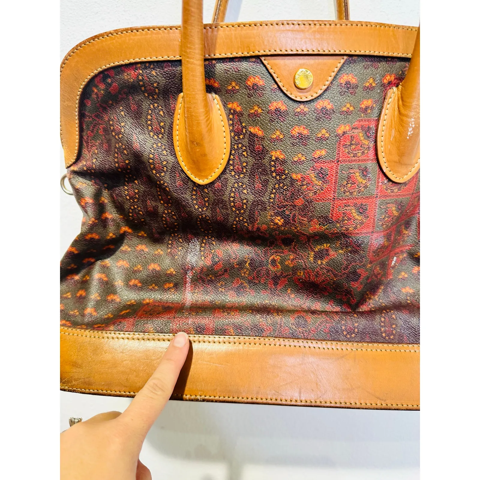 Vintage ESCADA Paisley Print Dome Leather Hard Shell Travel Set Handbag Purse Brown - Image 12