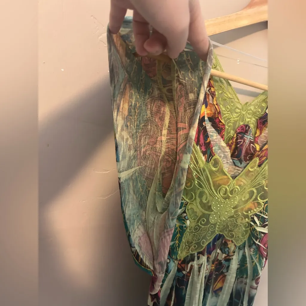 One World Y2K Multi Colored Abstract Butterfly V-Neck Top Size S - Image 3