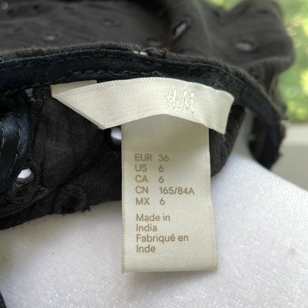 H&M Wednesday Addams Black Eyelet Cotton Tiered Mini Dress Sz 6 - Image 5