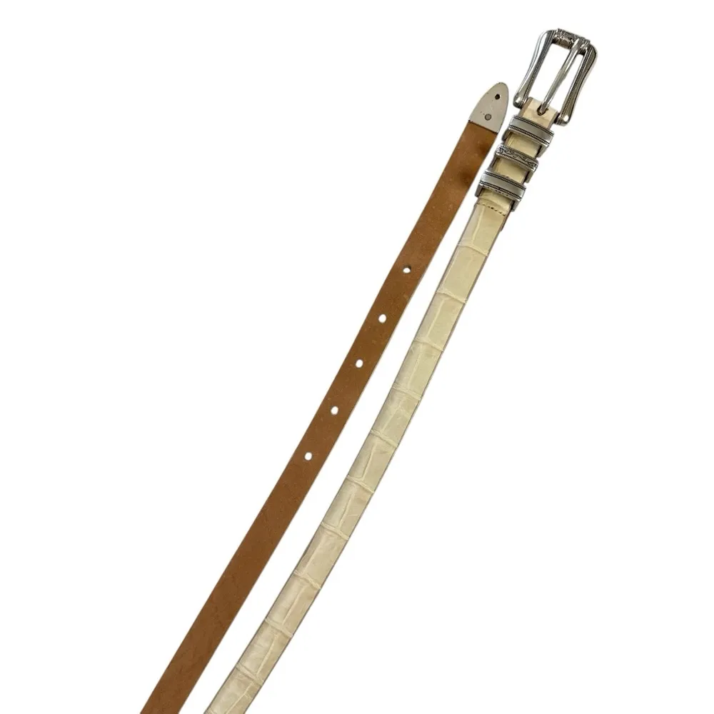 Coldwater Creek Cream Leather Western Skinny Belt Silver Hardware Size XL - Image 5