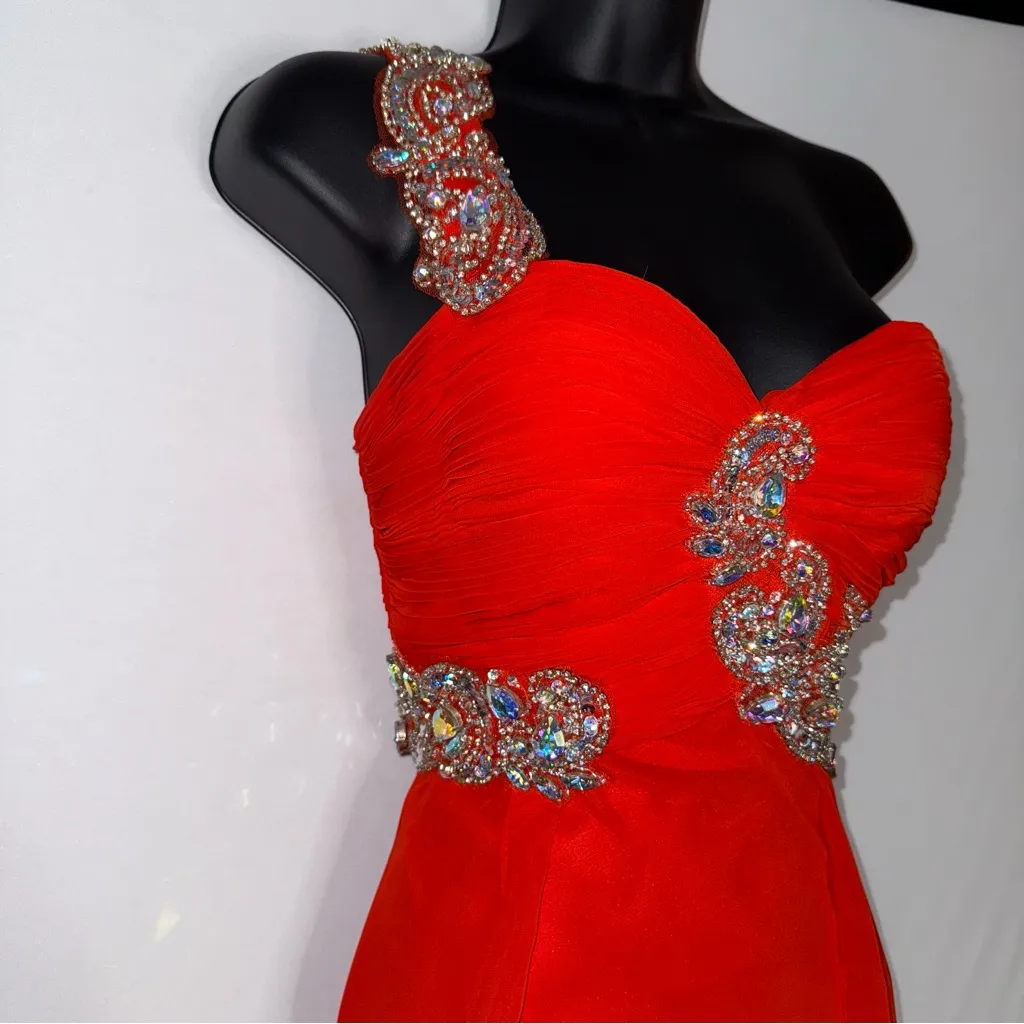 Riva Designs Beaded One Shoulder Formal‎ Red Dress Floor Length Evening Gown Size 0 - Image 5