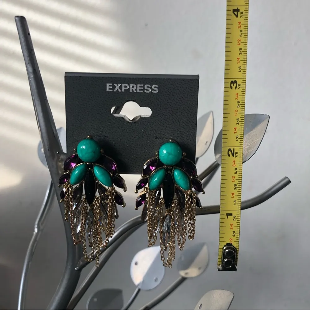 New Express Statement Earrings Chain Turquoise Rhinestone Gift Pierced Ears - Image 2
