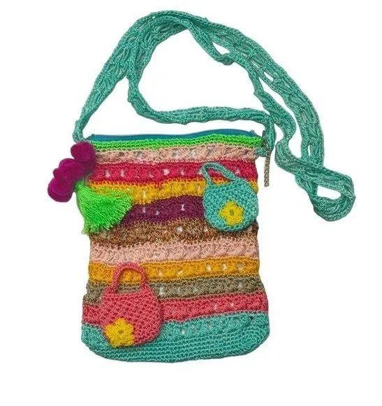 Bohemian Knit Crossbody Purse Rainbow Pride Shoulder Bag u Whimsical Lined Pompo Yellow - Image 1