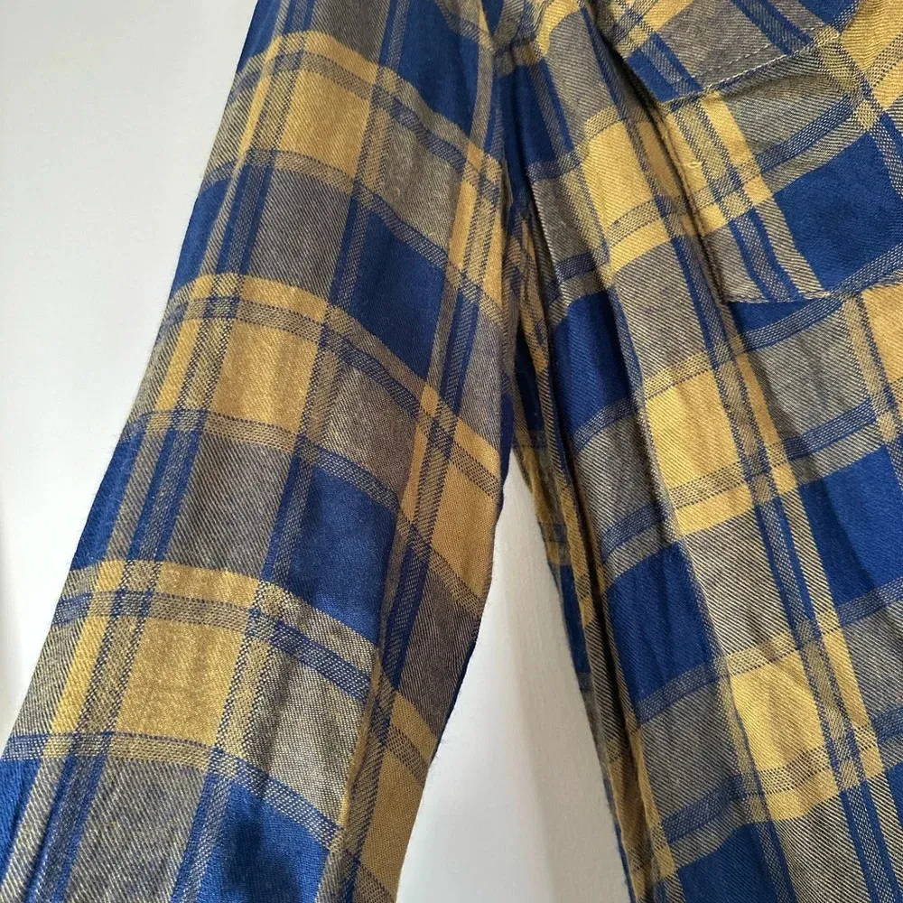 Umgee gingham raw hem button front long sleeve tunic size M green blue - Image 8