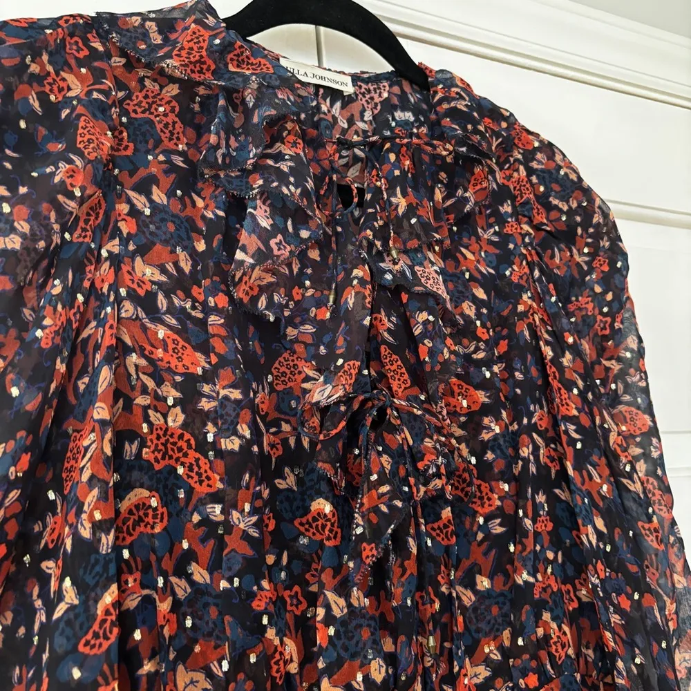 Ulla Johnson Cecily Mini Dress Cosmos Silk Ruffle Long Sleeve Size 2 XS Metallic - Image 7