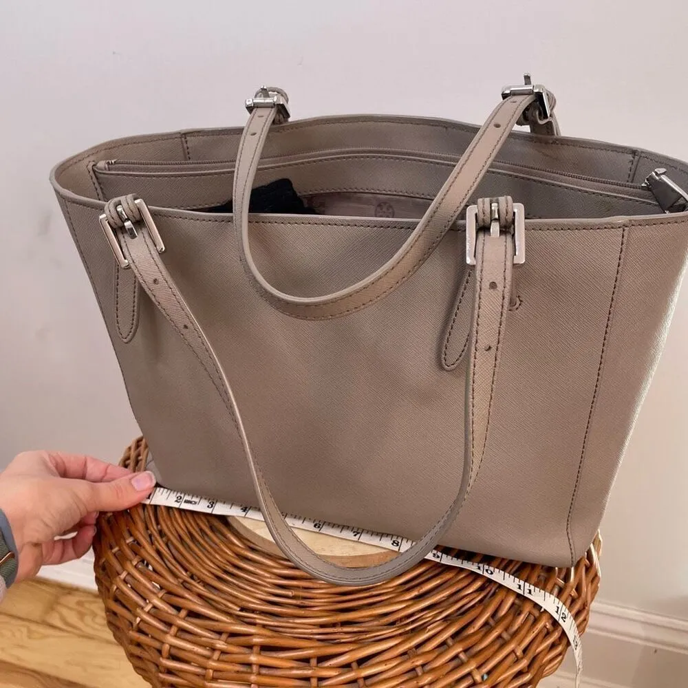Tory‎ Burch York Buckle Tote Bag Saffiano Leather Taupe Shoulder Purse Double - Image 2