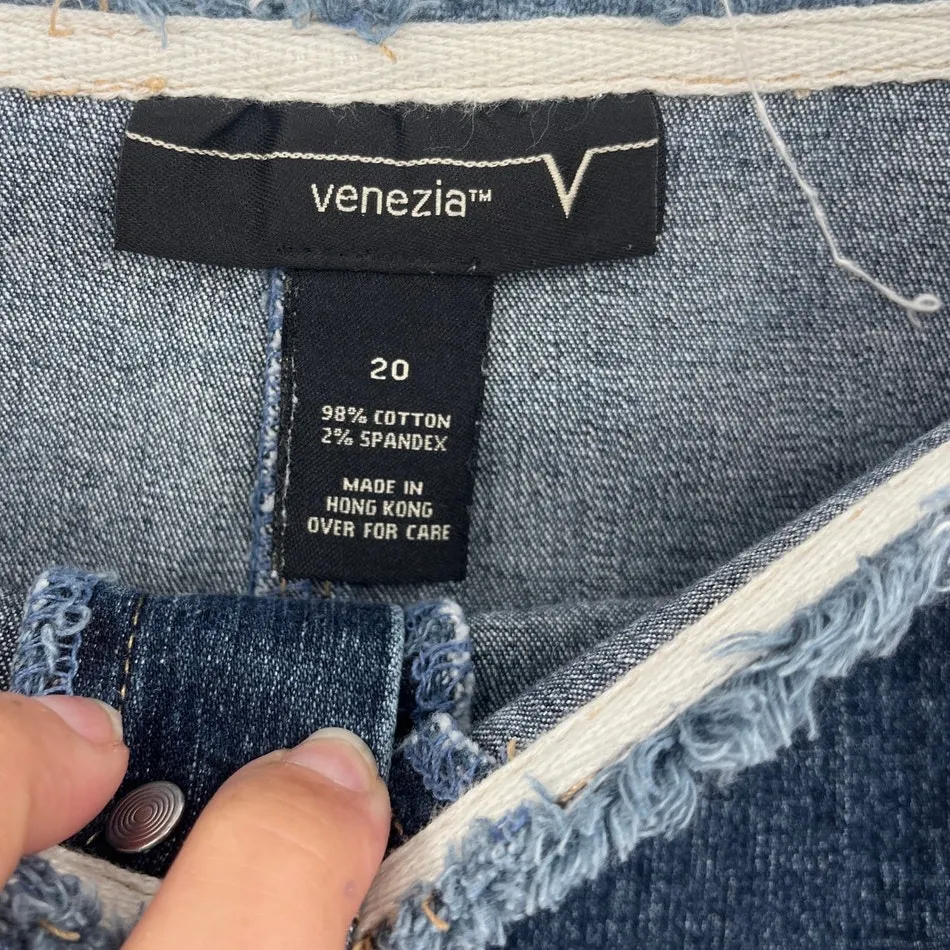 Vtg Y2K Venezia Button Fly Frayed Hem Mini Jean Skirt Sz 20 Festival Grunge Edgy Blue - Image 7