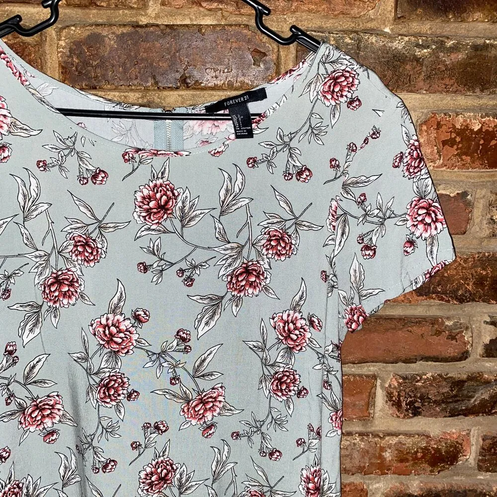 Forever 21 Sage Green Floral Short Sleeve Mini Dress Women's Size Large - Image 2