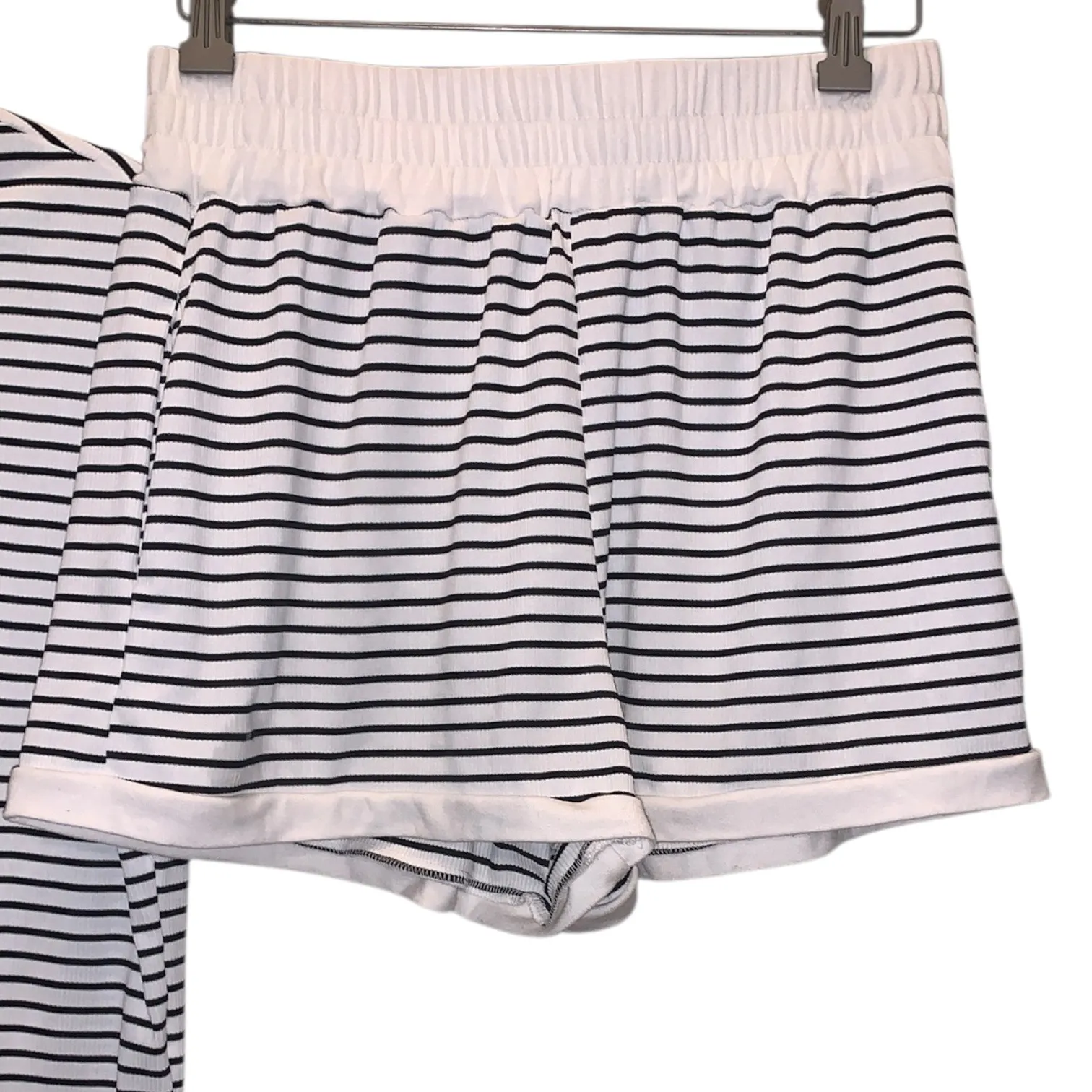 2 Piece Stripe Lounge Set Women Knit Short Sleeve Tee Shorts Black White Multiple Size undefined - Image 4